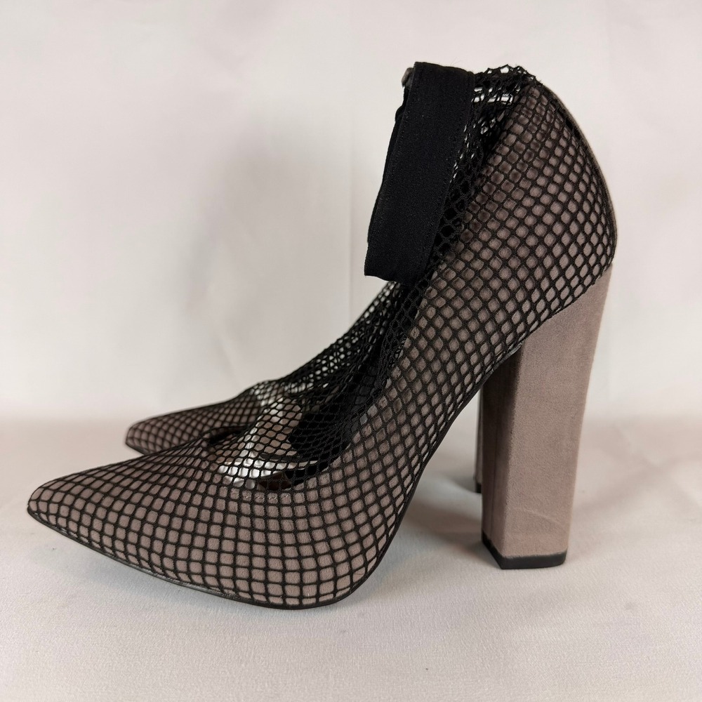 Aria Black Mesh Pointed Toe Stiletto Heels Ankle Strap Chunky Heel Shoes